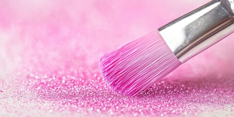 closeup of pink paint brush is being touched on pink glitter placed on surface