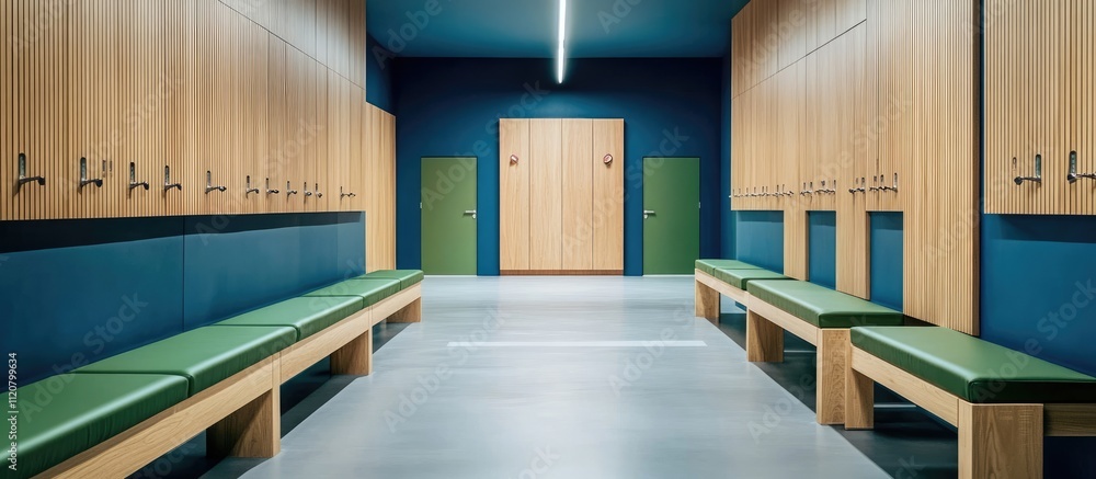Modern locker room interior with wooden lockers, green benches, and ...