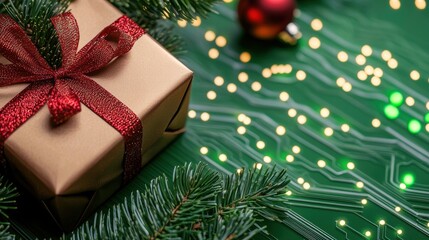 A beautifully wrapped gift box adorned with a red ribbon, surrounded by festive decorations and a green circuit board backdrop.