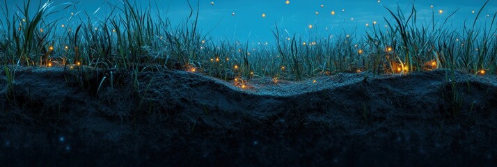 Wall Mural - night scene with glowing grass and soil.