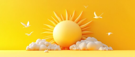 Wall Mural - bright sun rising above fluffy clouds in a yellow sky.