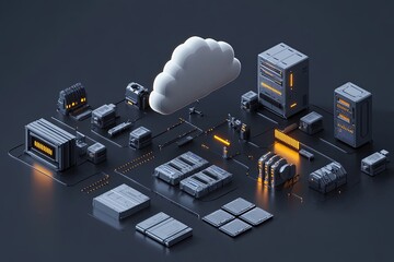 Modern city infrastructure featuring a cloud system and connected buildings at twilight. Generative AI