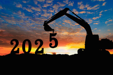 Concept happy new year 2025,crawler excavator silhouette with lift up bucket the number five .On sunrise backgrounds