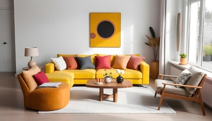 Aufkleber - Modern minimalist living room with a yellow sofa featuring colorful cushions, a wooden coffee table, and simple decor, illuminated by natural light