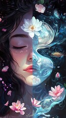 Poster - Serene duality: A woman's face merges with flowing water and lotuses