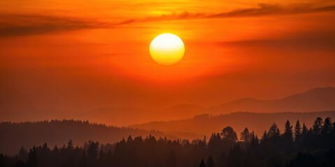 Wall Mural - Orange sun sets in a smoky Montana sky, orange, sun, dusk, Montana, sky, smoky, evening, atmosphere, natural beauty