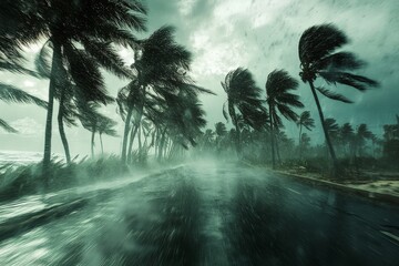 Wall Mural - Palm trees swaying in the wind along a coastal road during a hurricane, heavy rain and strong winds, high-speed photography capture.