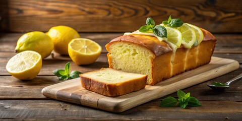 Wall Mural - Lemon pound cake displayed on a rustic wooden background with slices of lemon, lemon, pound cake, dessert