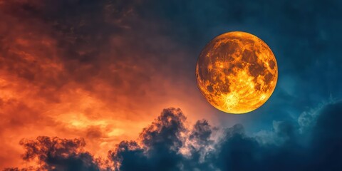 Wall Mural - A dramatic full moon glowing in the night sky, with clouds passing by, setting the perfect Halloween atmosphere.