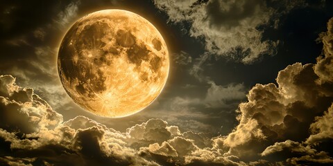 Wall Mural - A dramatic full moon glowing in the night sky, with clouds passing by, setting the perfect Halloween atmosphere.