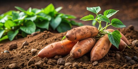 Wall Mural - Closeup of sweet potato fruits and green leaves with soil, representing agriculture, farming, and organic produce, sweet potato