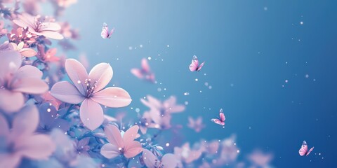 Wall Mural - A gradient blue background with spring flowers and small butterflies along the edges, symbolizing a fresh start.