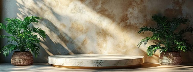 Poster - Marble pedestal display for cosmetic products with green plants and natural light in serene background
