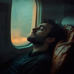 Canvas Print - Peaceful Traveler: A Man Sleeping on an Airplane