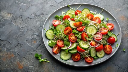 Wall Mural - Plate of vegetable salad with cucumbers, tomatoes and alfalfa sprouts on gray background, vegetarian, healthy, fresh, food