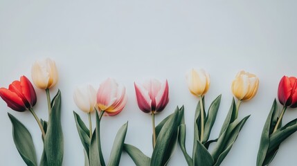 Poster - Vibrant tulips in various colors arranged beautifully on a light background showcasing nature's beauty and spring blooms