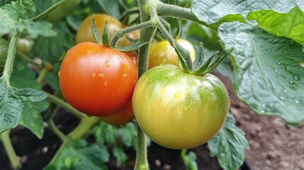 Growing tomatoes in high beds with drip irrigation inside a greenhouse showcasing ripe and developing fruit on vine in a healthy environment