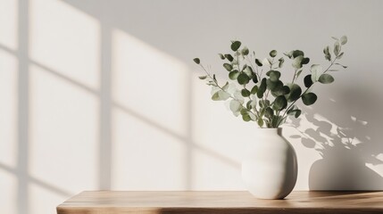 Wall Mural - Eucalyptus branches in a vase on a wooden bench against a white wall creating a serene modern living room interior decor scene.