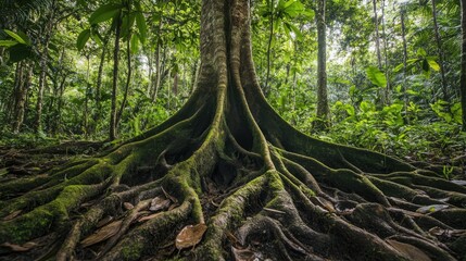 Canvas Print - Moss-covered tree roots in a lush tropical forest showcasing nature's vibrant greenery and intricate root structures.