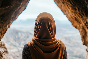 Wall Mural - A woman wearing a brown scarf is looking out of a cave