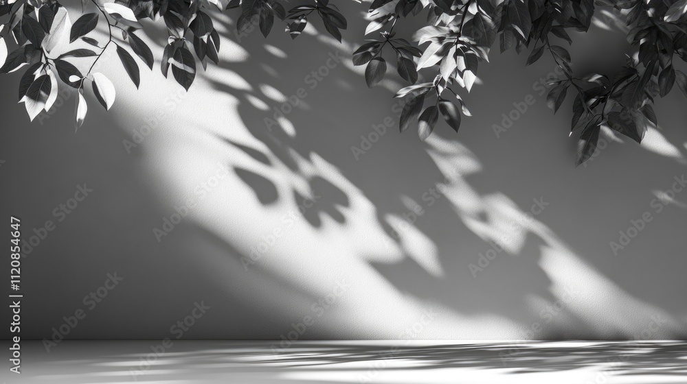 Shadows of leaves on a wall and sidewalk creating an elegant minimalist ...