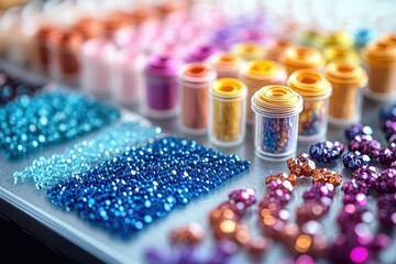 Colorful beads and crafting materials for making friendship bracelets with threads on a white background