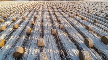 Canvas Print - Snowy farmland with harvested straw bales creating a picturesque winter landscape and long shadows on the field.