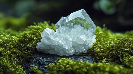 Poster - Natural halite mineral crystal on mossy stone surface showcasing geology and macro details in a serene black background setting