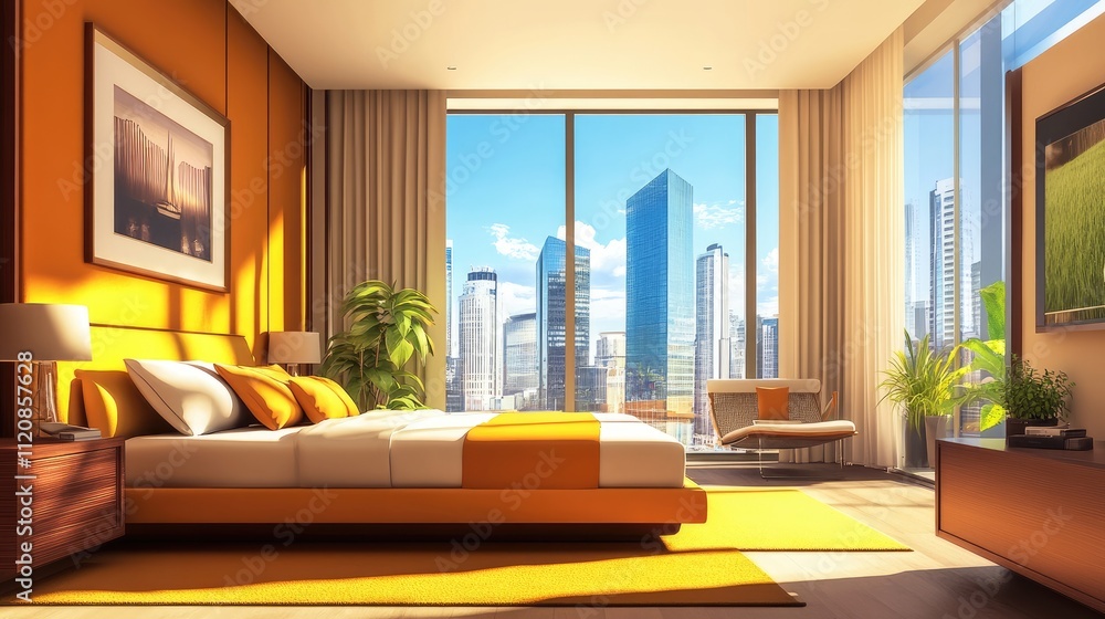 Window Modrn Hotels Modern hotel room interior with large windows showcasing city skyline ...