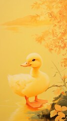 Poster - Adorable Yellow Duckling by the Lake: A Serene Nature Painting