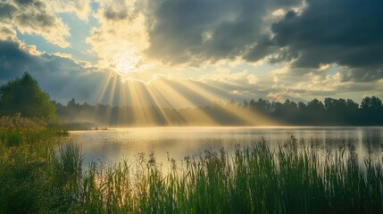Wall Mural - Serene landscape with light rays illuminating a misty lake surrounded by lush greenery and dramatic clouds at sunrise or sunset