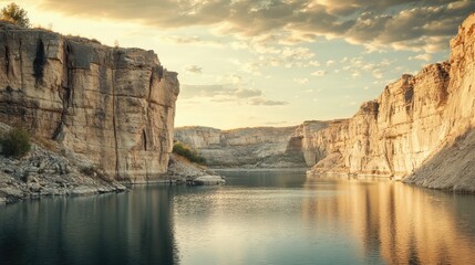 Wall Mural - Stunning limestone quarry landscape with high cliffs serene water reflections and dramatic sky at sunset