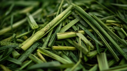 Poster - Organic lemongrass stems piled together showcasing their vibrant green color ideal for cooking and culinary presentations