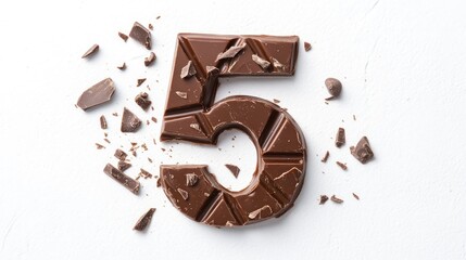 Canvas Print - Chocolate bar pieces arranged to form the number five on a clean white background showcasing a creative dessert concept.