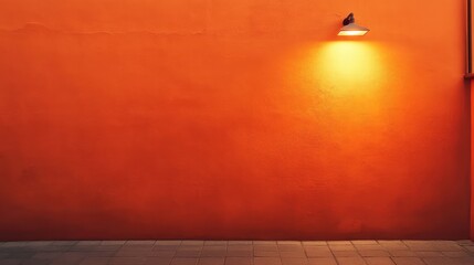 Wall Mural - Vibrant orange wall with warm outdoor light creating a cozy atmosphere in an urban setting suitable for modern design concepts.