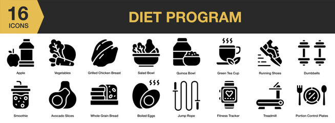 Diet Program solid icon set. Includes diet, nutrition, weight, healthy, program, food, and More. Solid icons vector collection.