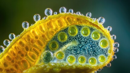 Wall Mural - magnified view of dew drops on a yellow autumn leaf highlighting microstructures and textures in nat