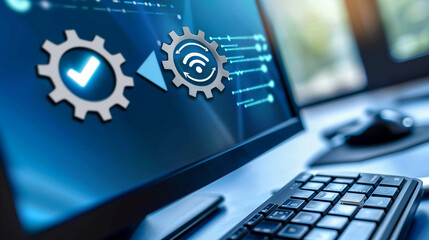 Close-up of computer screen with code, technology concept for software development or system patching