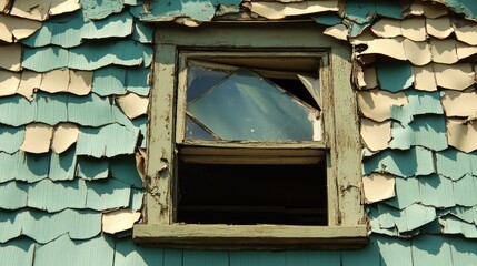 Wall Mural - Weathered waferboard siding on a vintage building with peeling blue paint, broken window frame, and sun-damaged shingles, rustic, decay, texture, vintage architecture, detail.