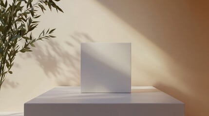 Wall Mural - Minimalistic isolated white box on a simple pedestal, surrounded by soft natural light and leafy plant shadow on a warm-toned wall, product display, still life, contemporary design.