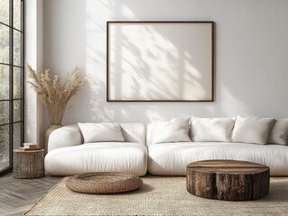 Aufkleber - Minimalist Living Room Poster Mockup Soft Natural Lighting White Sofa Rustic Wooden Coffee Table Scandinavian Design