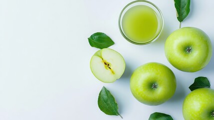 Wall Mural - Green apples and a glass of apple juice isolated on a white background, featuring a whole apple, a halved apple, and fresh leaves, freshness, healthy lifestyle, fruit.