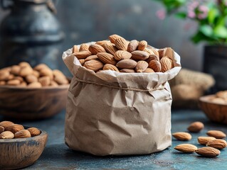 Wall Mural - A rustic display of almonds in a paper bag and wooden bowls, set against a textured background, highlighting the natural beauty of these nuts.