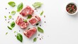 © ArtificialHorizons - Fresh pork ribs with basil leaves and mixed peppercorns on a white background for culinary and food preparation concepts.