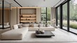 © HuynhThiThuy - A minimalist interior with a beige sectional sofa, streamlined open shelving, and an expansive glass wall showcasing a vibrant meadow. The clean design is complemented by the natural light,