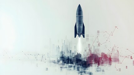 Wall Mural - A creative depiction of a rocket icon, graphs, and upward-moving lines symbolizing business growth and launch. White background. No shadow