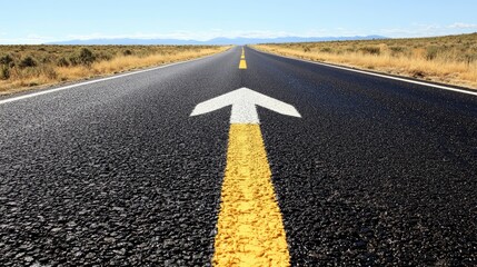 Wall Mural - Asphalt road with yellow line and arrow pointing forward.