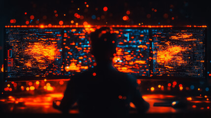 Wall Mural - a man is sitting in front of a computer monitor with a blurry face. the monitor displays a series of