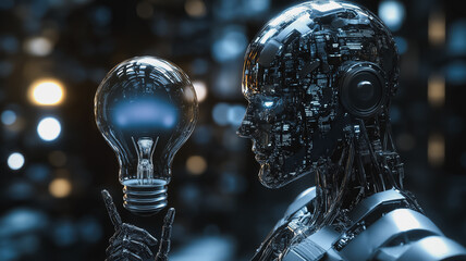 Wall Mural - a robot is holding a light bulb in its hand. the robot is surrounded by a dark background, which giv