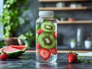 Wall Mural - A clear glass jar filled with fruit-infused water, featuring kiwi, strawberries, and watermelon, set against a modern kitchen backdrop.